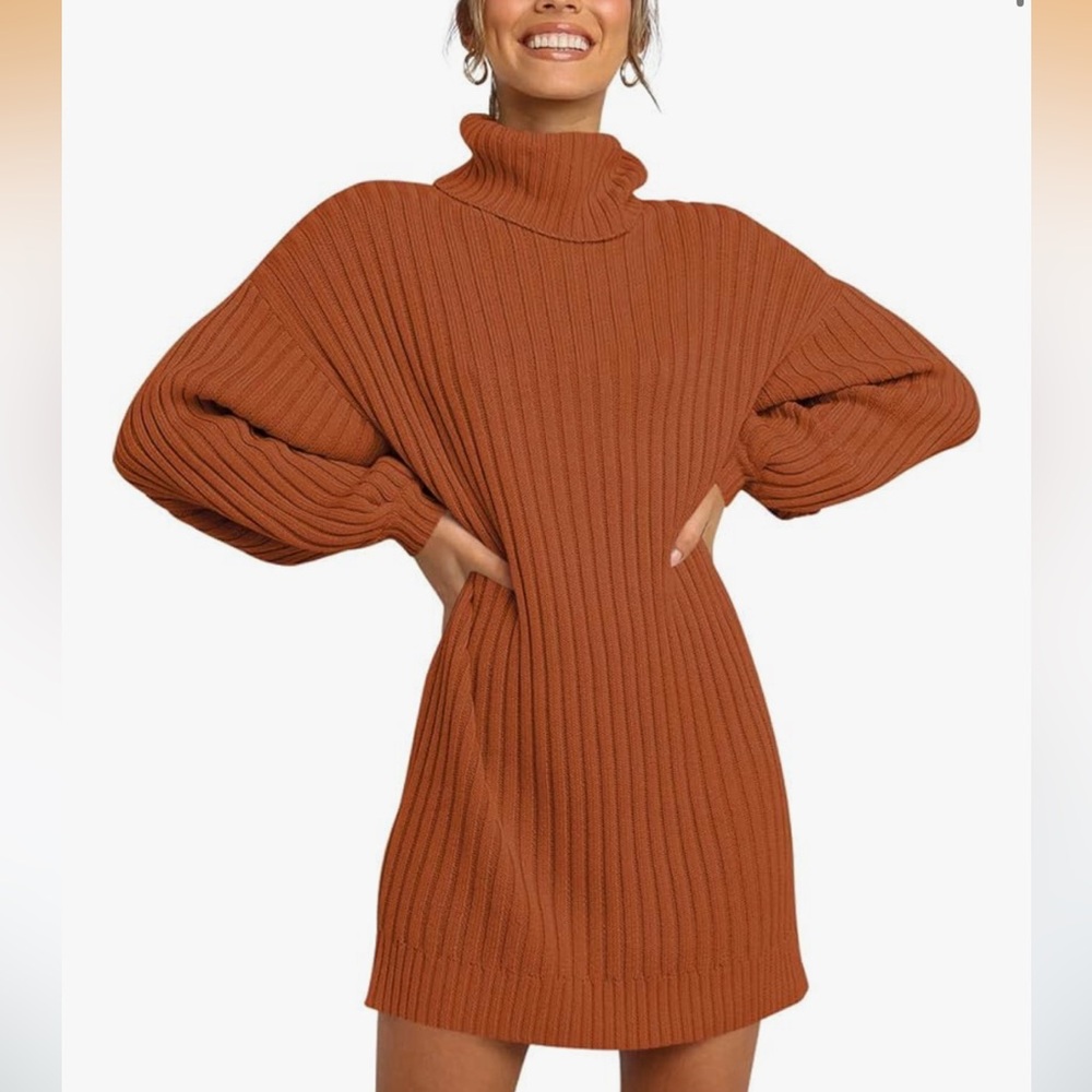 Rust Ribbed Turtleneck Sweater Dress